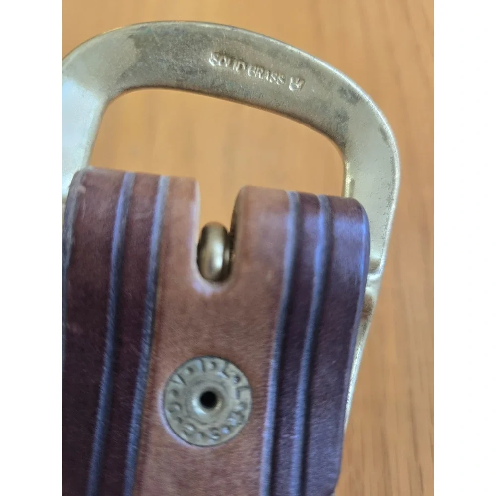 VTG Scovill Belt Mens 36 2 Tone Brown Leather EUC Gorgeous Brass Buckle